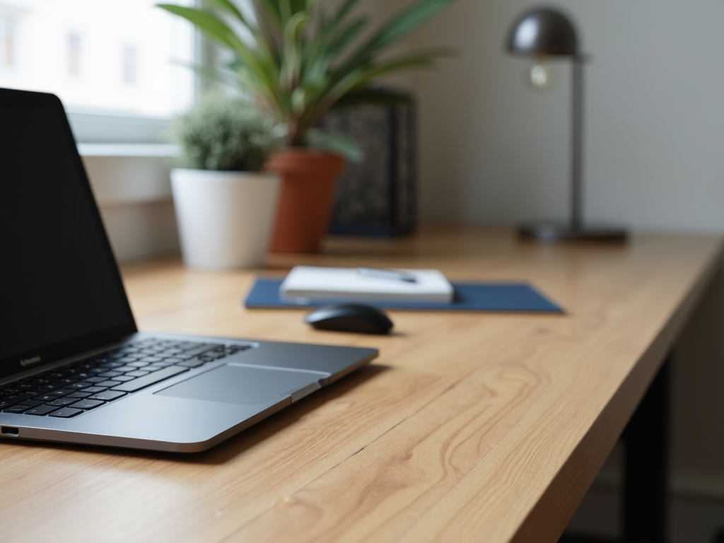 top tips for working from home includes setting a dedicated workspace with your laptop, mouse, and notebook on your office desk