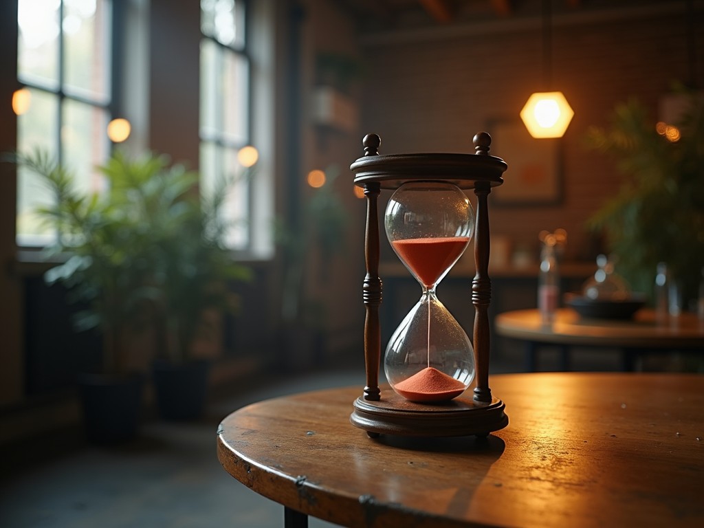 one of the top tips for start-ups is to be patient, sand timer clock illustration in a dimly lit creative environment