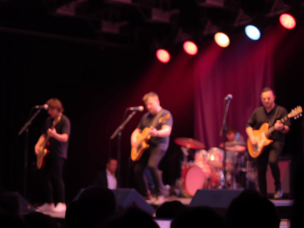 a blurred image showing a band performing on stage as accountants for the music industry helped them cover costs