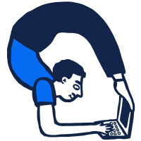 Cartoon figure bent over a laptop in an exaggerated U-shape, drawn in navy and blue colors