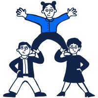 Cartoon illustration of two people supporting a third person who is balanced on their shoulders