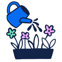 Illustration of a blue watering can pouring water onto three flowers - mint green, pink and pink - growing a navy planter