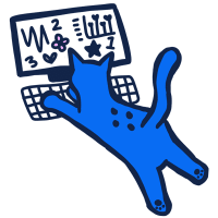 cartoon illustration of a blue cat lying on a keyboard beneath a screen with doodles and numbers